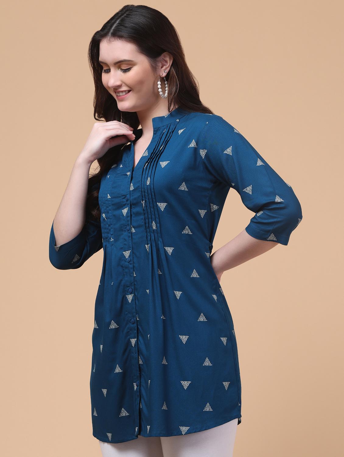 women blue printed mandarin neck tunic - 21963357 - Standard Image - 2
