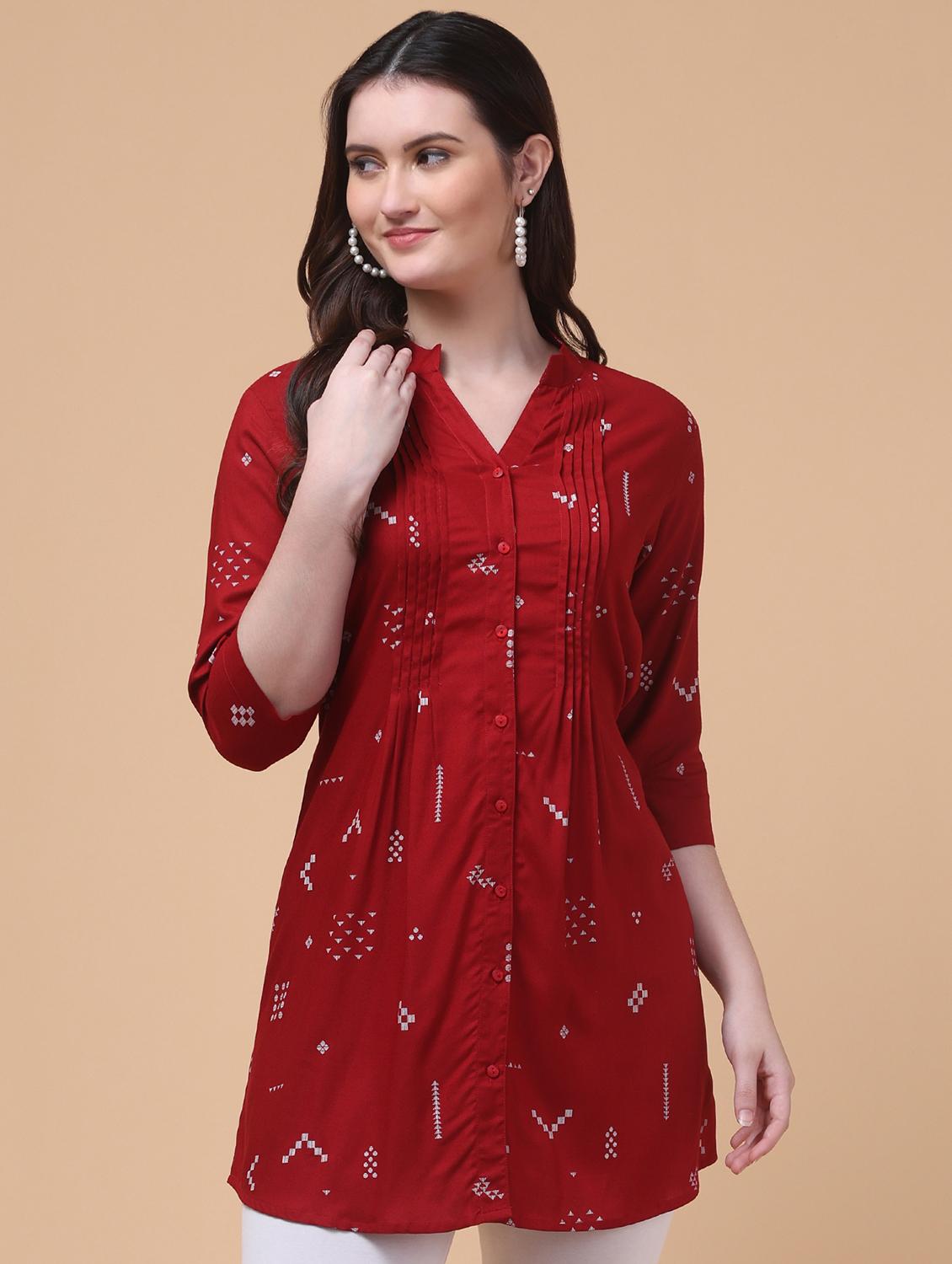 women red printed mandarin neck tunic - 21963358 - Standard Image - 2