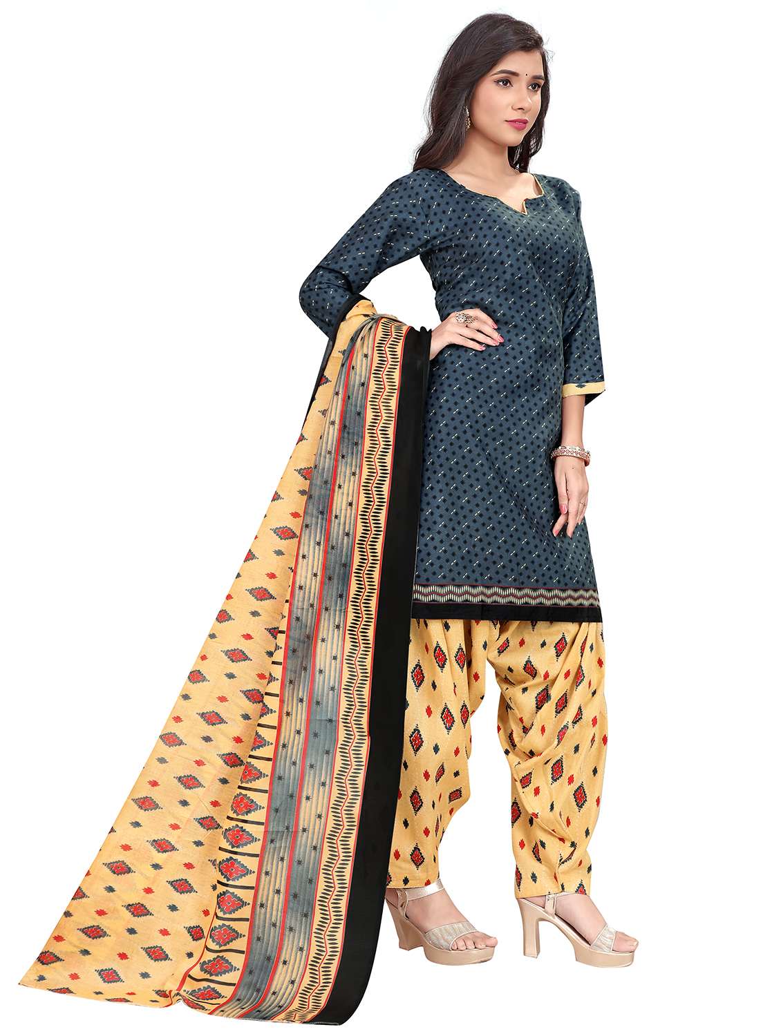 women printed three quarter sleeve kurta salwar with dupatta set - 21963371 -  Standard Image - 2