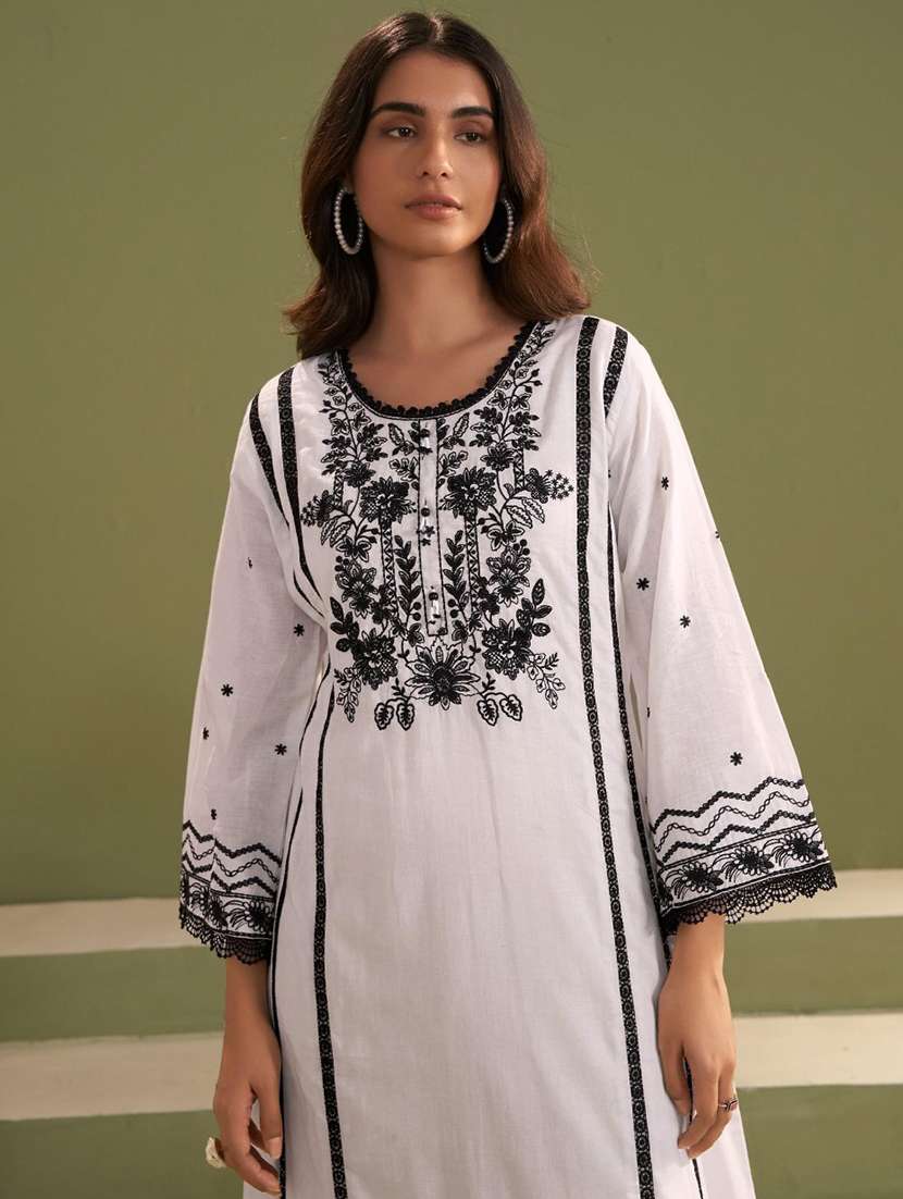 Women White Long Sleeve Kurta Palazzo With Dupatta Set