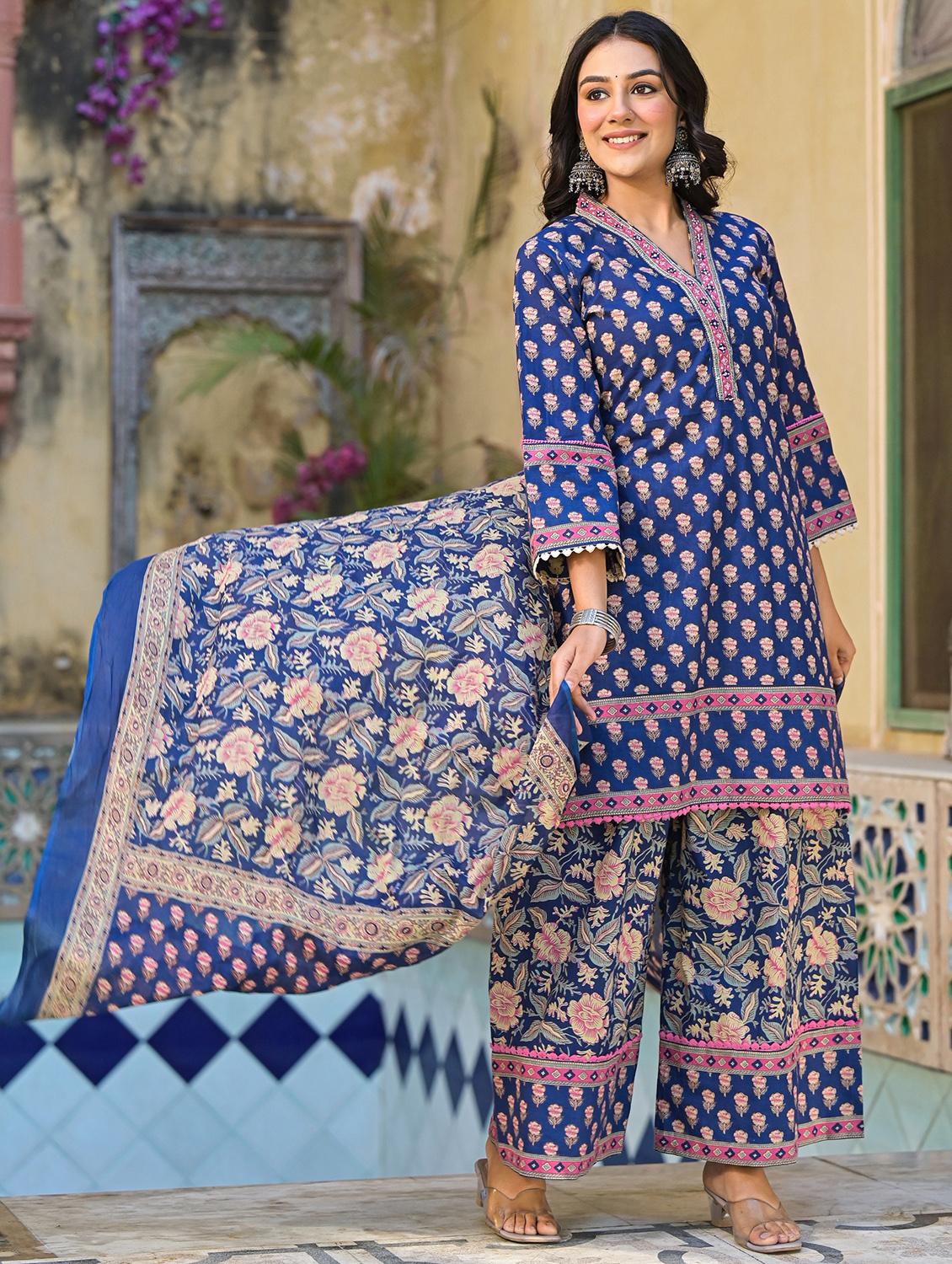 women three quarter sleeve kurta palazzo with dupatta set - 21963448 - Standard Image - 2