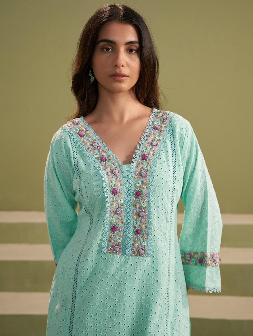 women sea green long sleeve kurta pant with dupatta set - 21963464 - Standard Image - 2