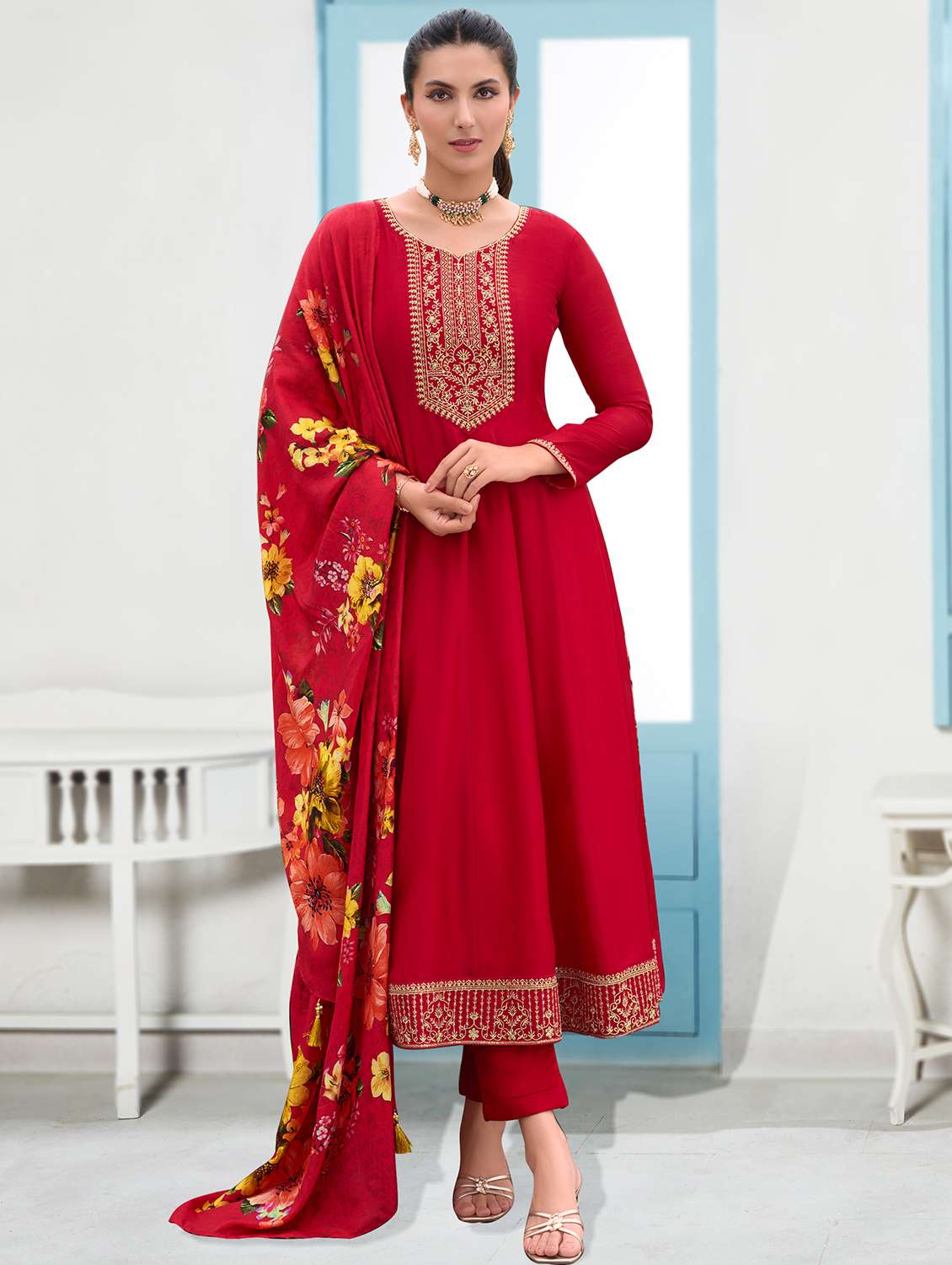 women red long sleeve anarkali kurta pant with dupatta set - 21963480 -  Zoom Image - 0