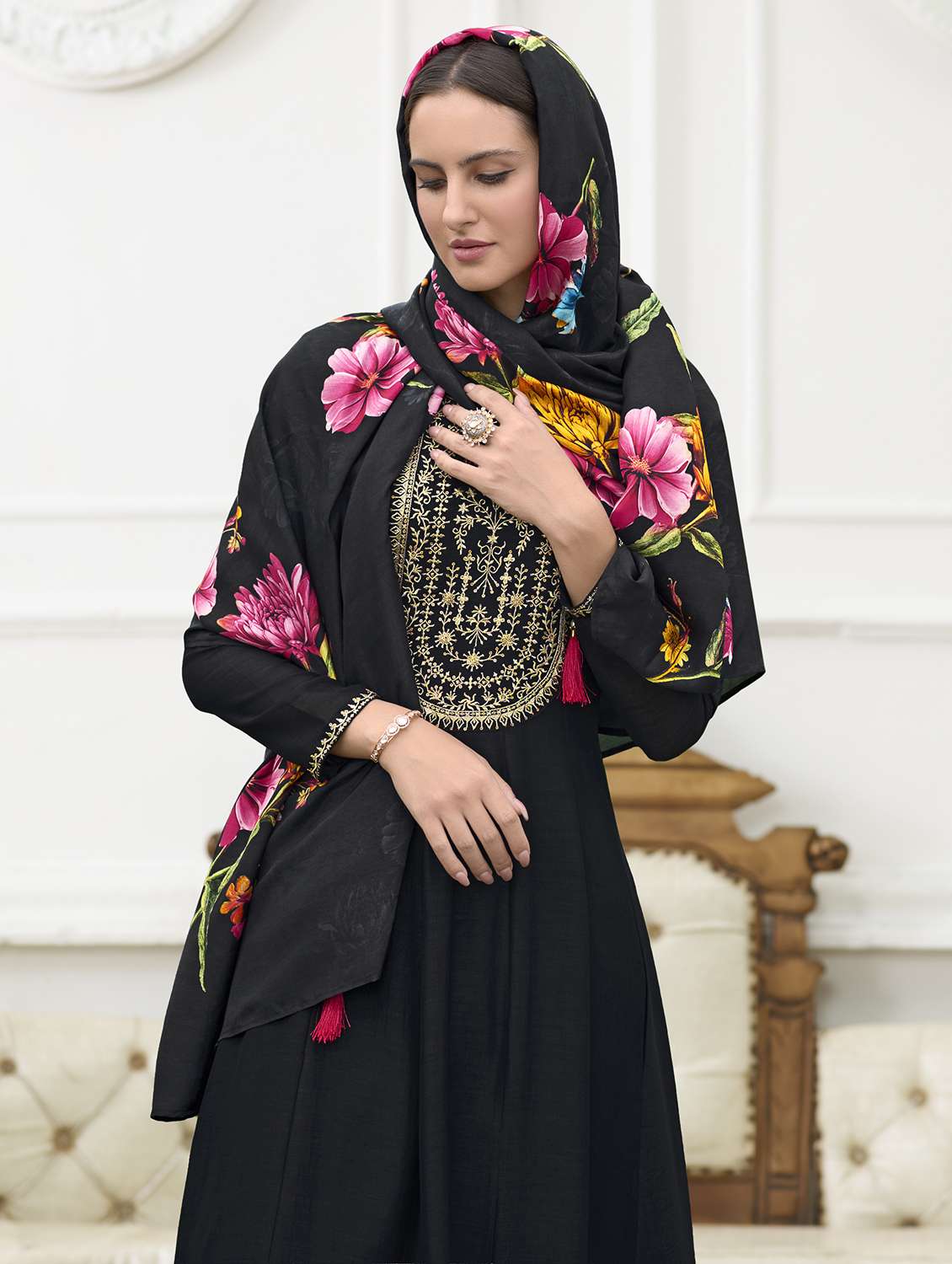 women black long sleeve anarkali kurta pant with dupatta set - 21963482 -  Standard Image - 2