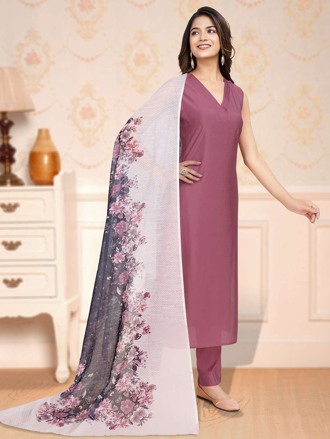 women solid sleeveless kurta pant with dupatta set - 21963485 -  Standard Image - 2