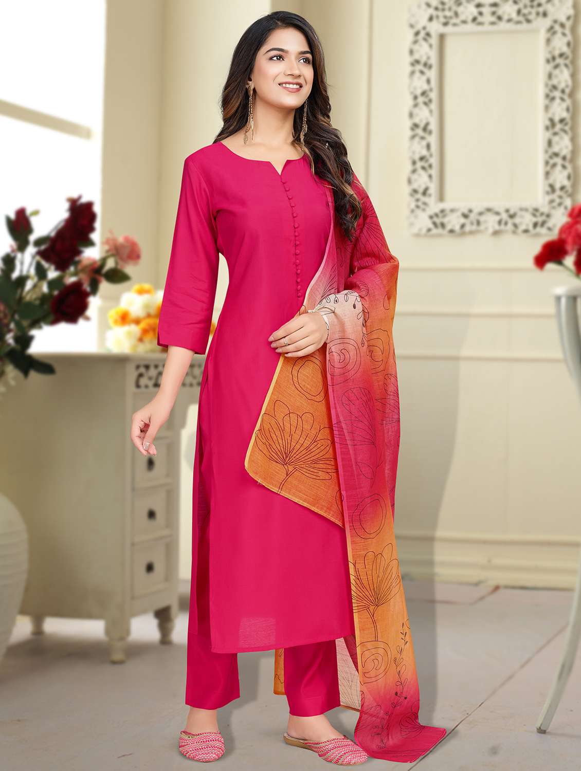 women three quarter sleeve kurta pant with dupatta set - 21963487 -  Standard Image - 2