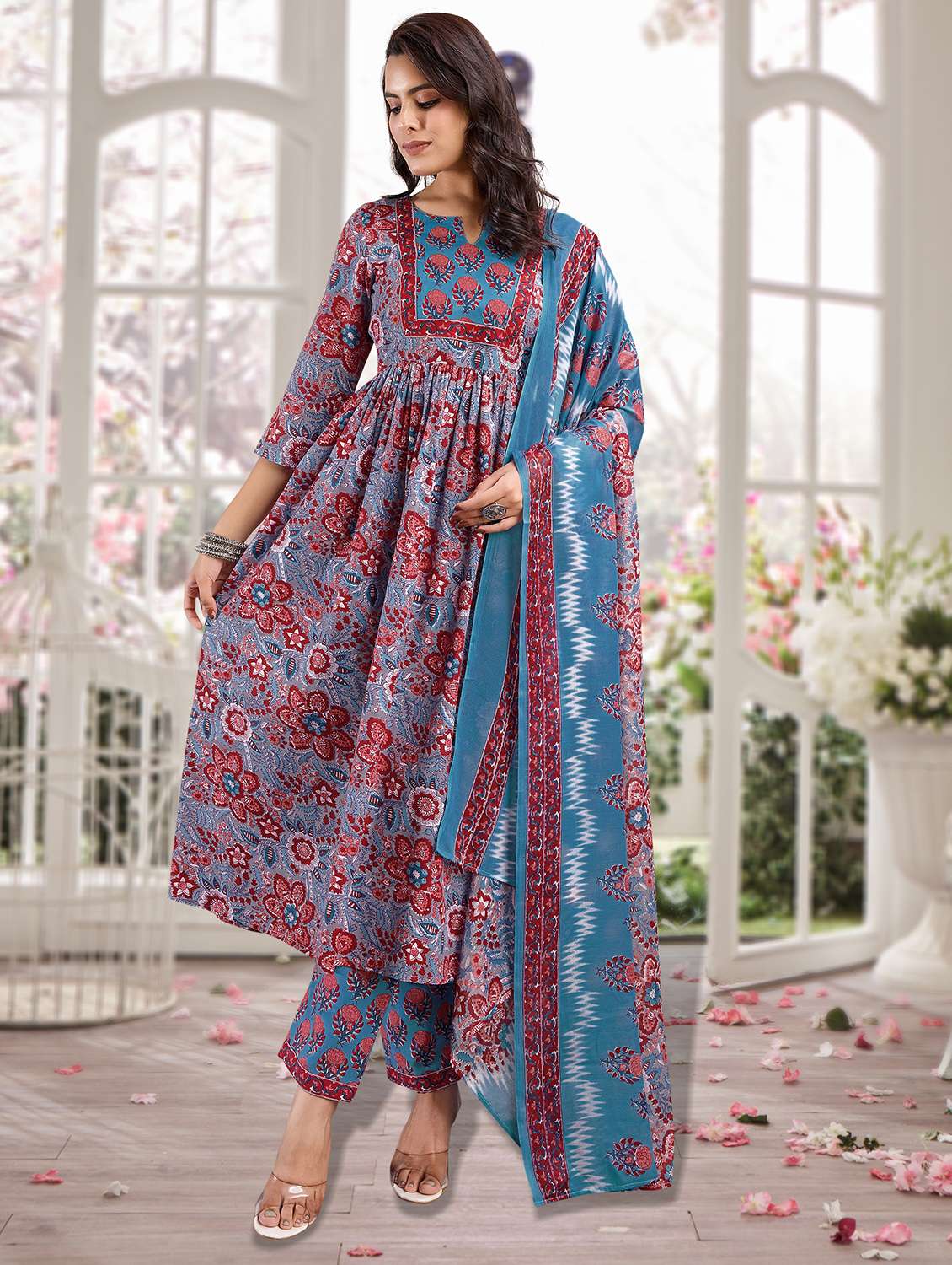 women three quarter sleeve anarkali kurta pant with dupatta set - 21963503 -  Standard Image - 2