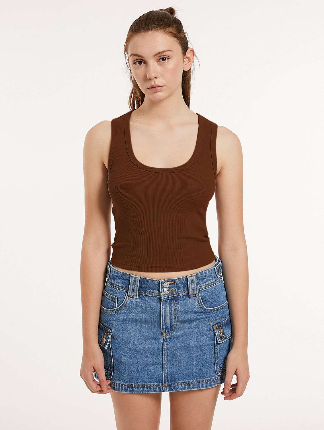women brown solid sleeveless tank top