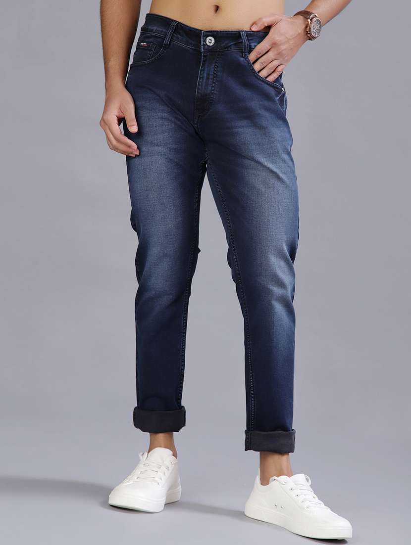 men washed mid rise full length jeans