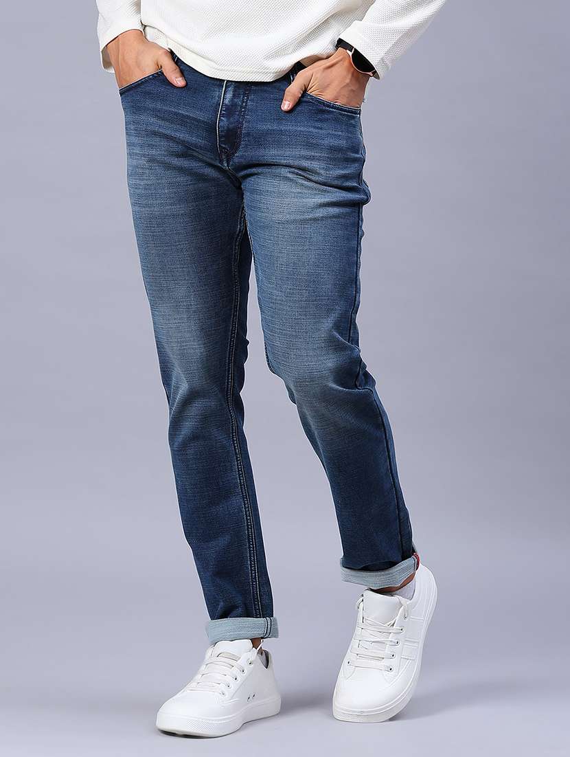 men washed mid rise full length jeans