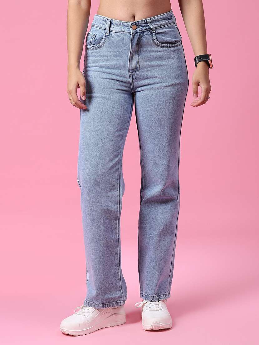 women plain mid rise straight fit jeans