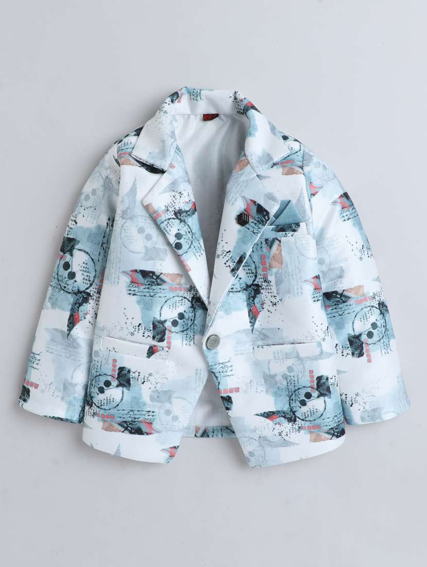 boys solid shirt and trouser with printed blazer set - 21964330 -  Standard Image - 2