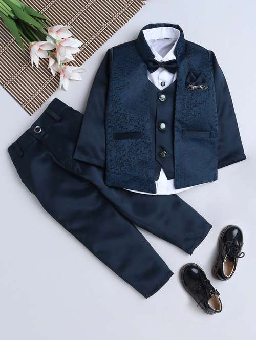 boys solid shirt and trouser with self designed blazer set - 21964430 -  Standard Image - 0