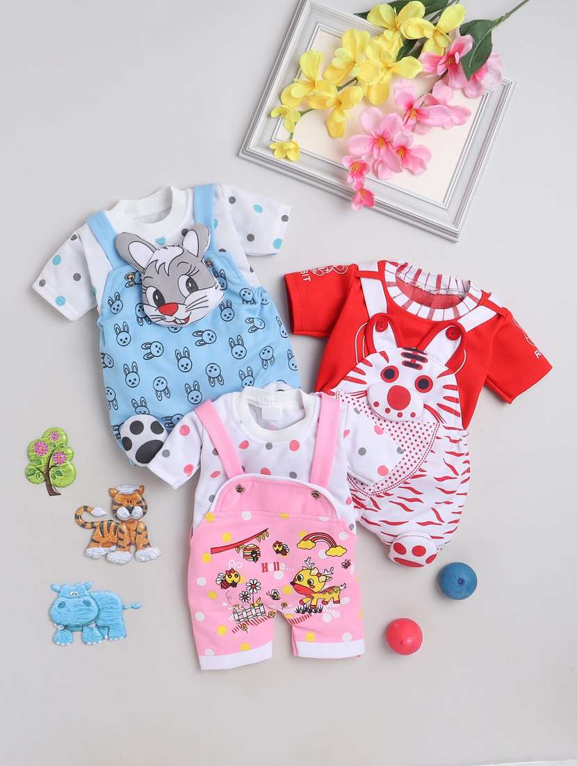 kids pack of 3 printed t-shirt and dungaree set