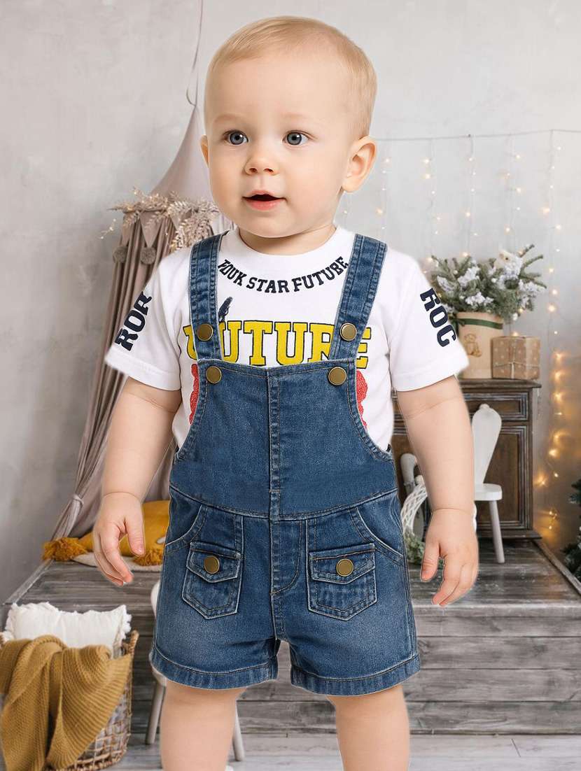boys printed t-shirt and denim dungree