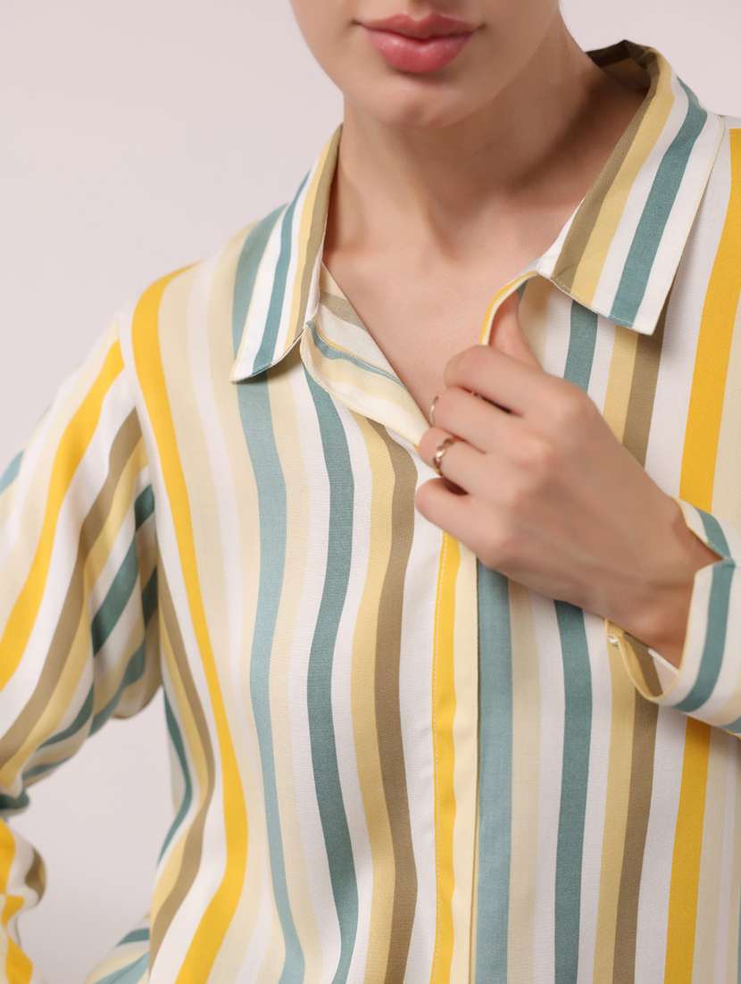 women cream striped collared long sleeve shirt - 21964794 -  Standard Image - 2