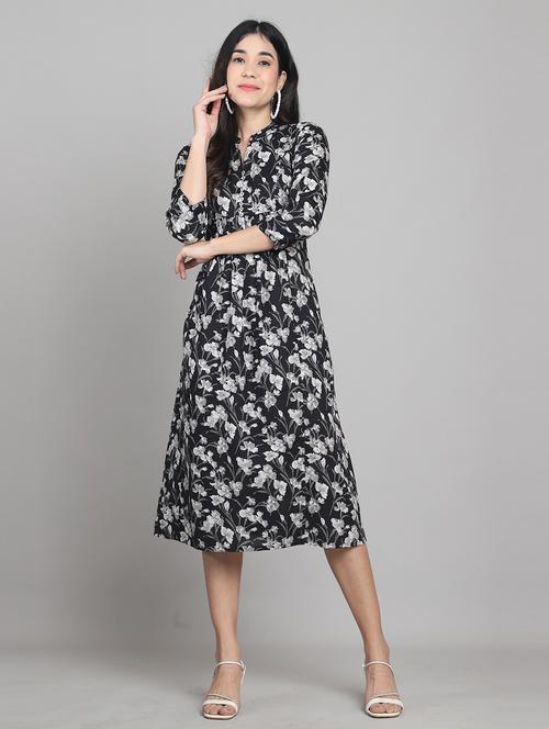 women black floral print mandarin neck a-line dress - 21964854 -  Standard Image - 0