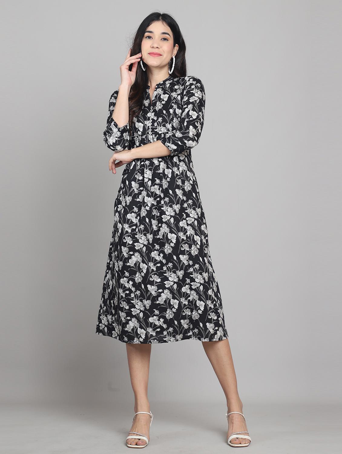 women black floral print mandarin neck a-line dress - 21964854 -  Zoom Image - 0