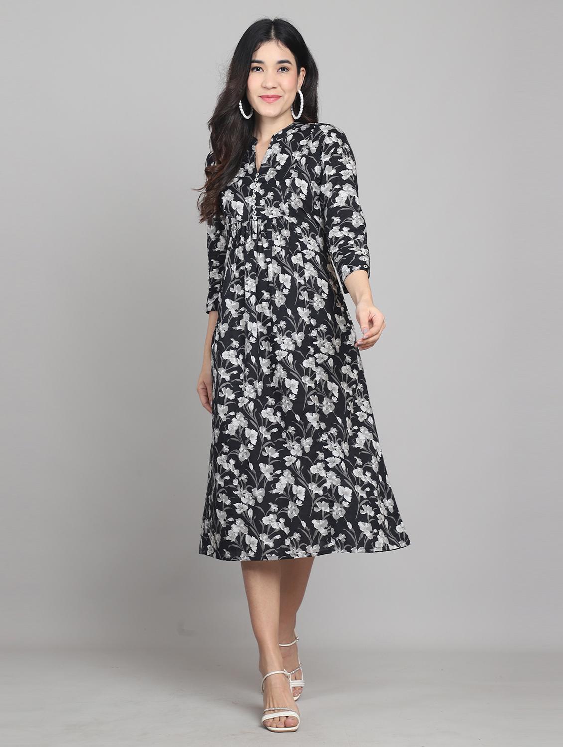 women black floral print mandarin neck a-line dress - 21964854 - Standard Image - 2