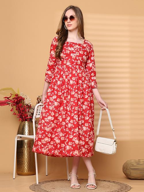 women red floral print calf length a-line dress - 21964855 - Standard Image - 0