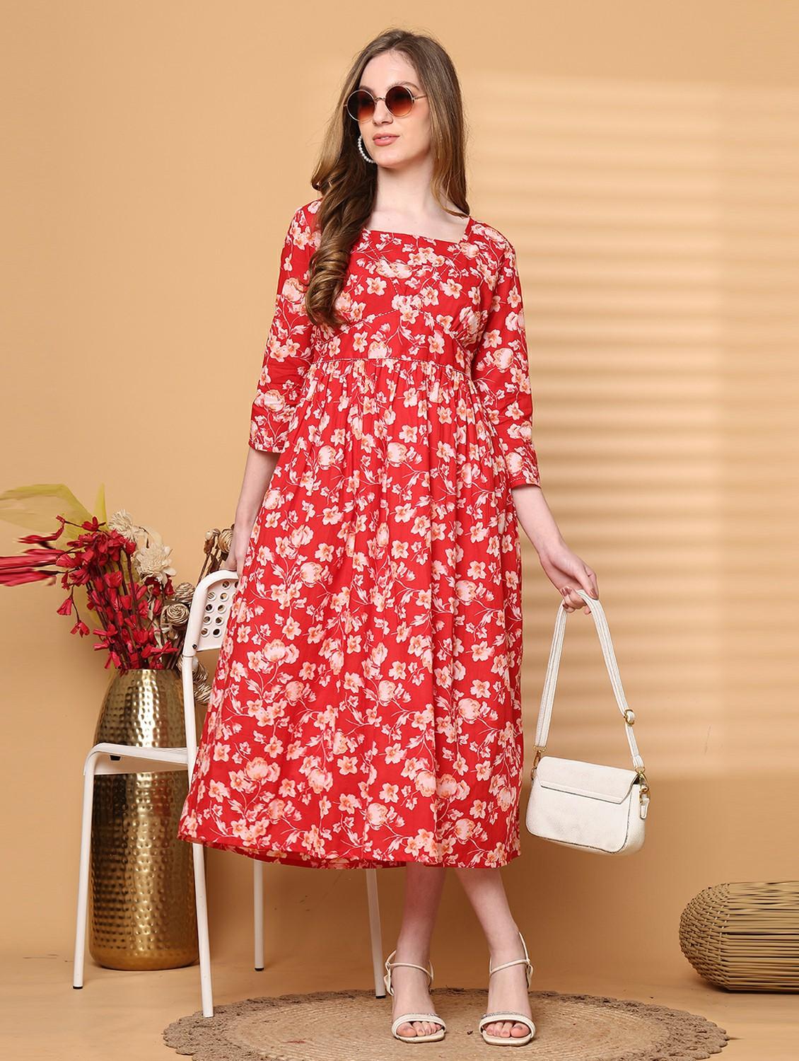 women red floral print calf length a-line dress - 21964855 - Zoom Image - 0