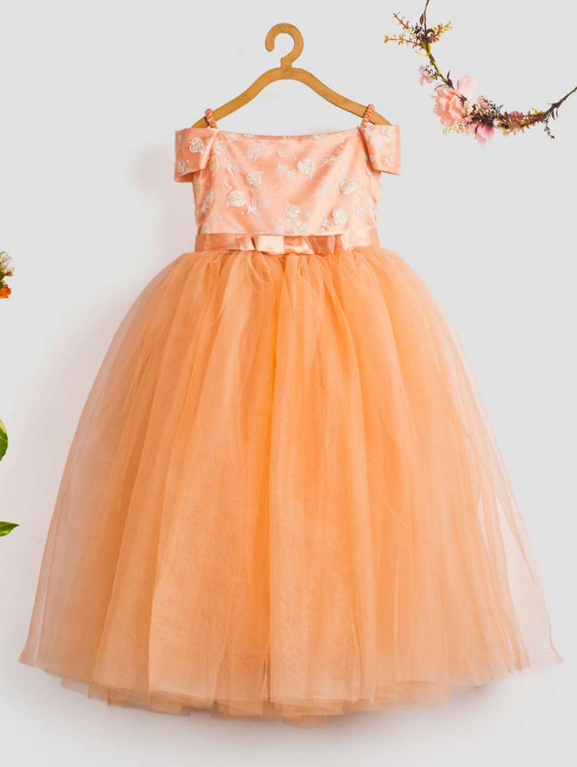 girls self designed off shoulder party gown