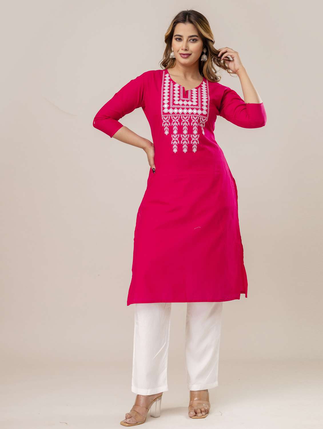 women embroidered round neck kurta and pant set