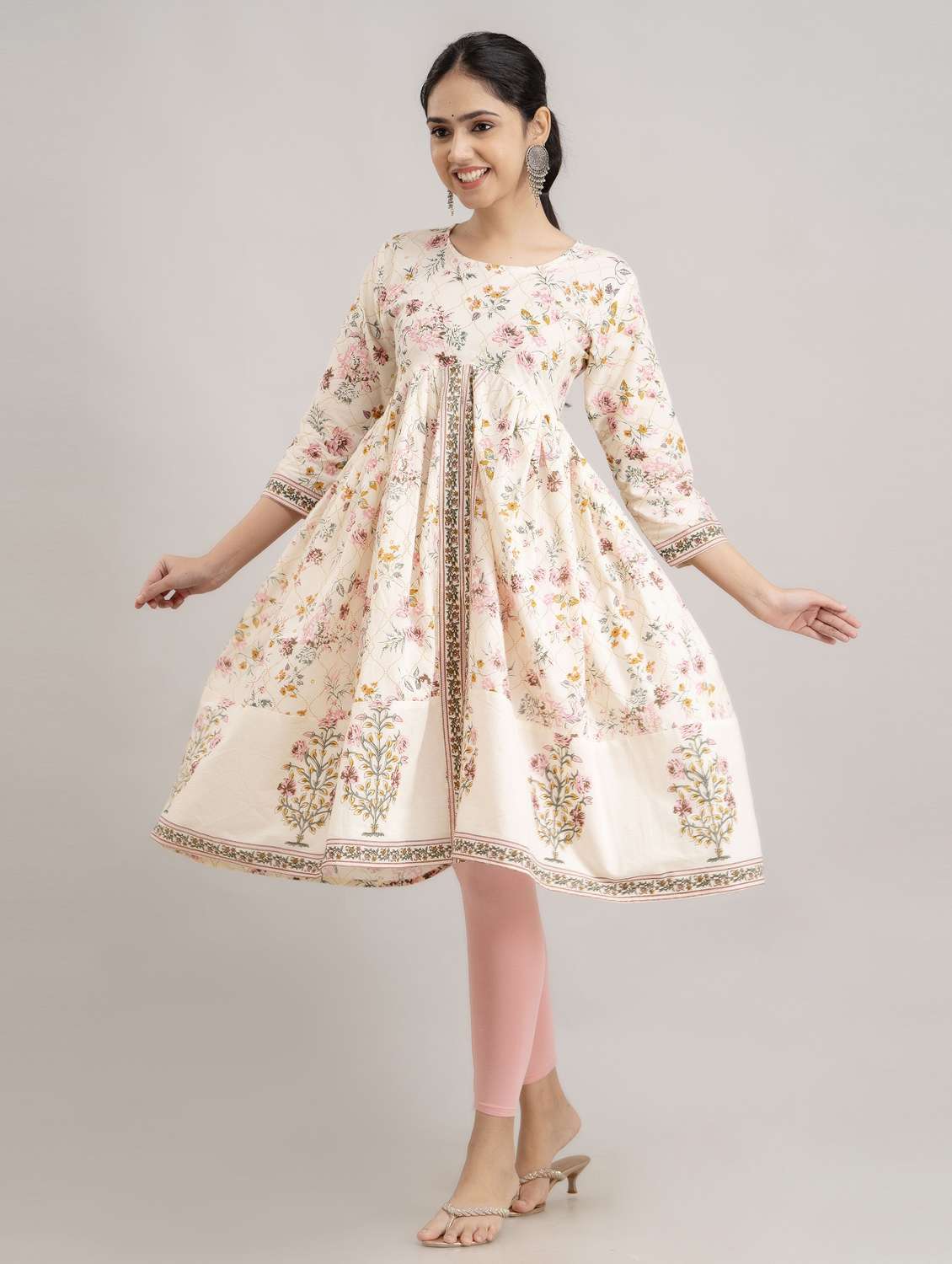 women floral three quarter sleeve a-line kurta