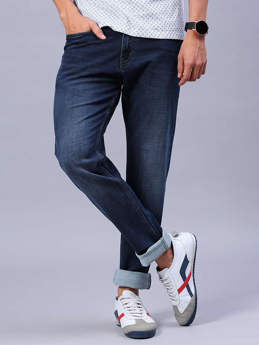 men washed mid rise full length jeans