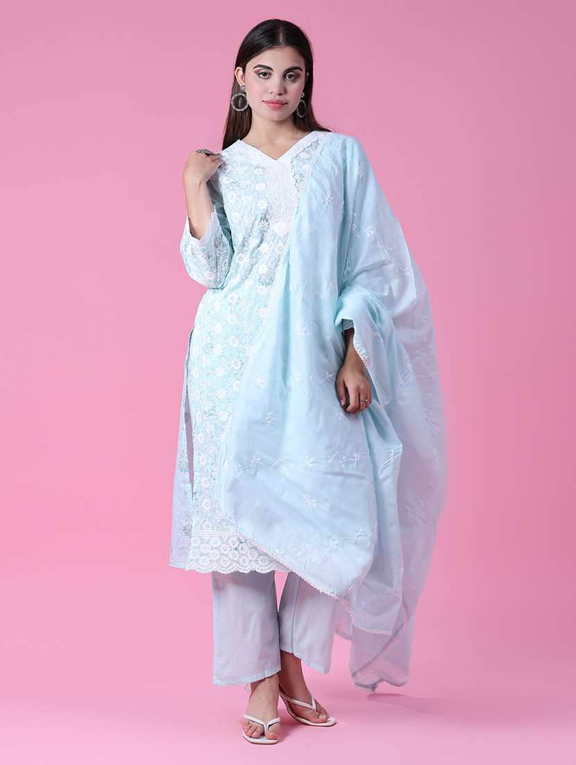 women three quarter sleeve kurta pant with dupatta set