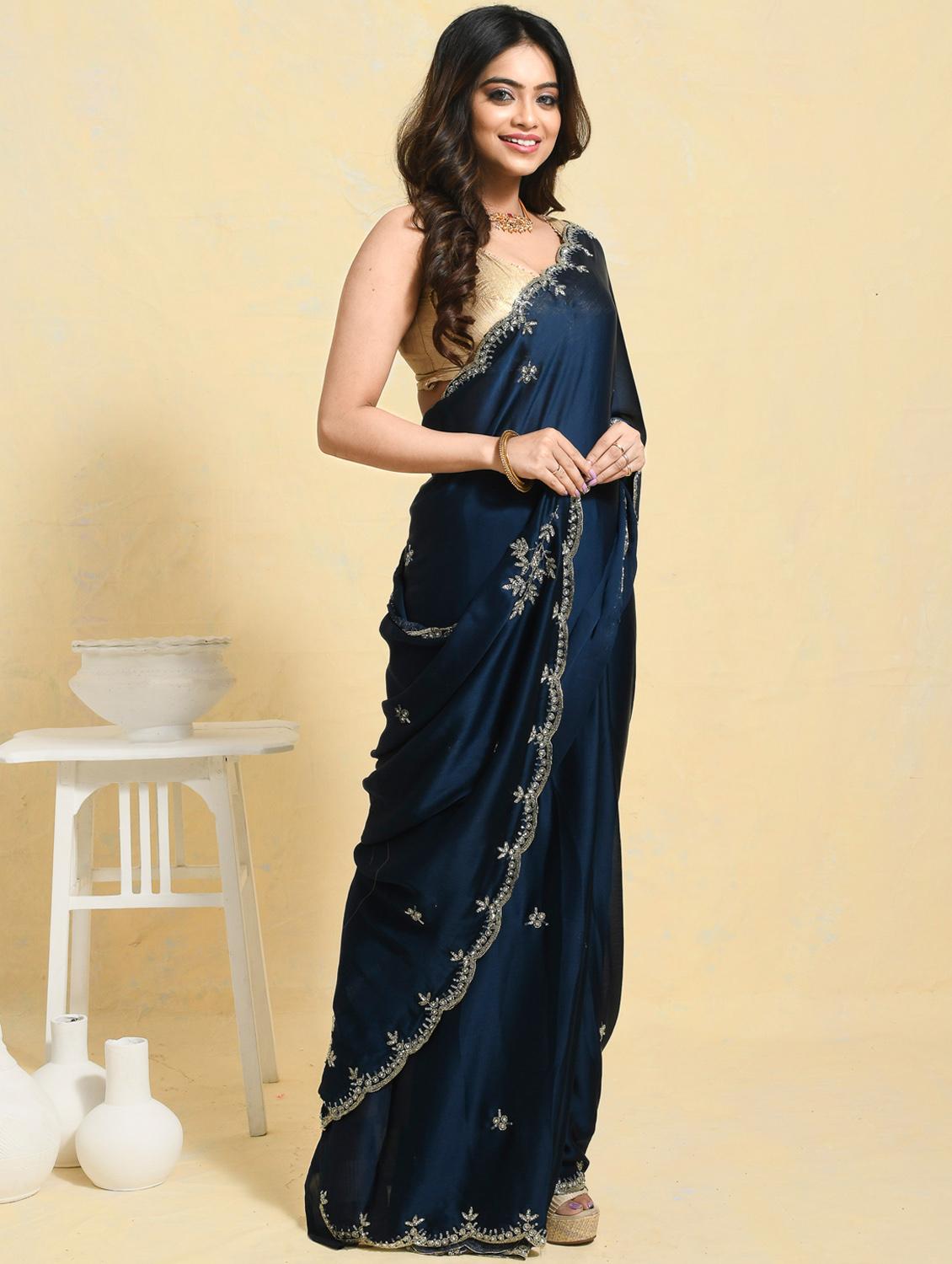 women solid with work embellished saree with blouse - 21965525 - Standard Image - 2