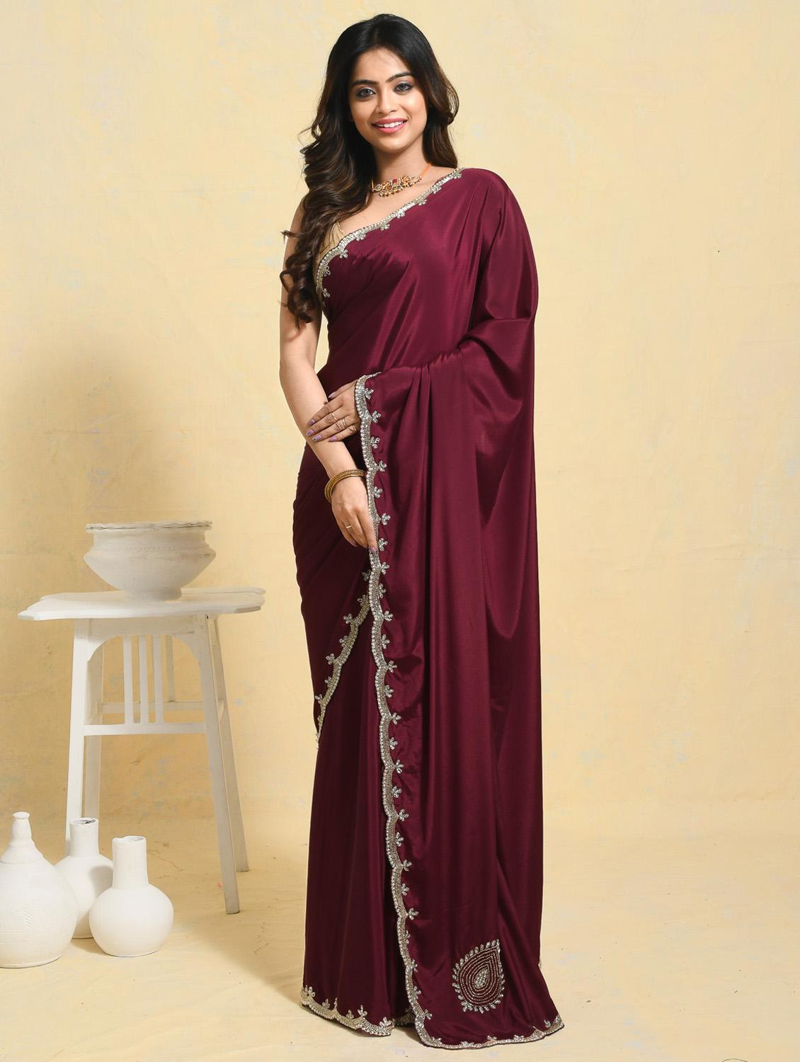 women solid with embellished bordered saree with blouse