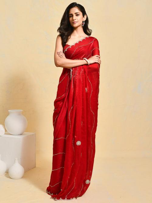 women solid with work embellished saree with blouse - 21965531 -  Standard Image - 0