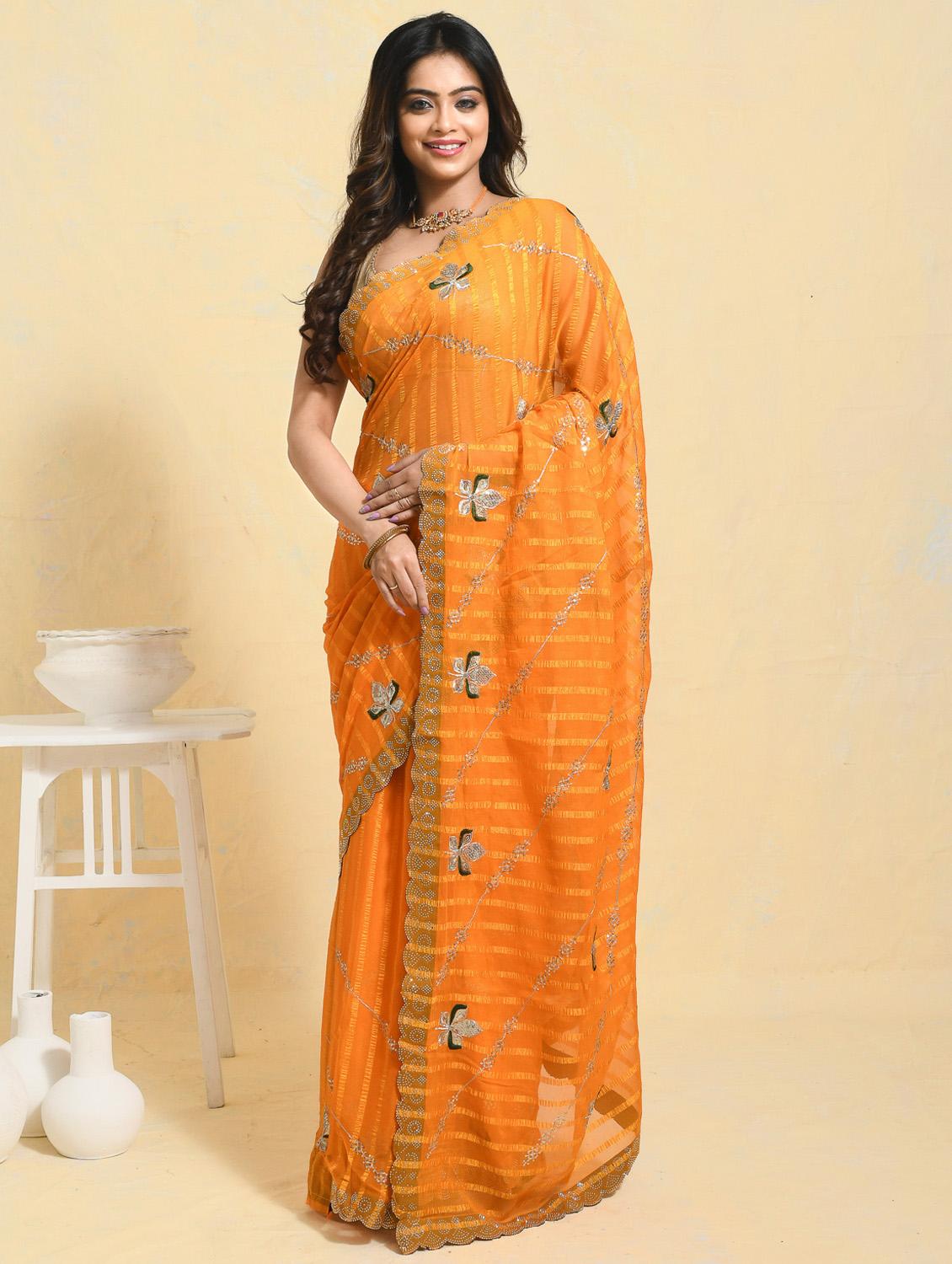 women striped embroidered saree with blouse - 21965546 - Zoom Image - 0