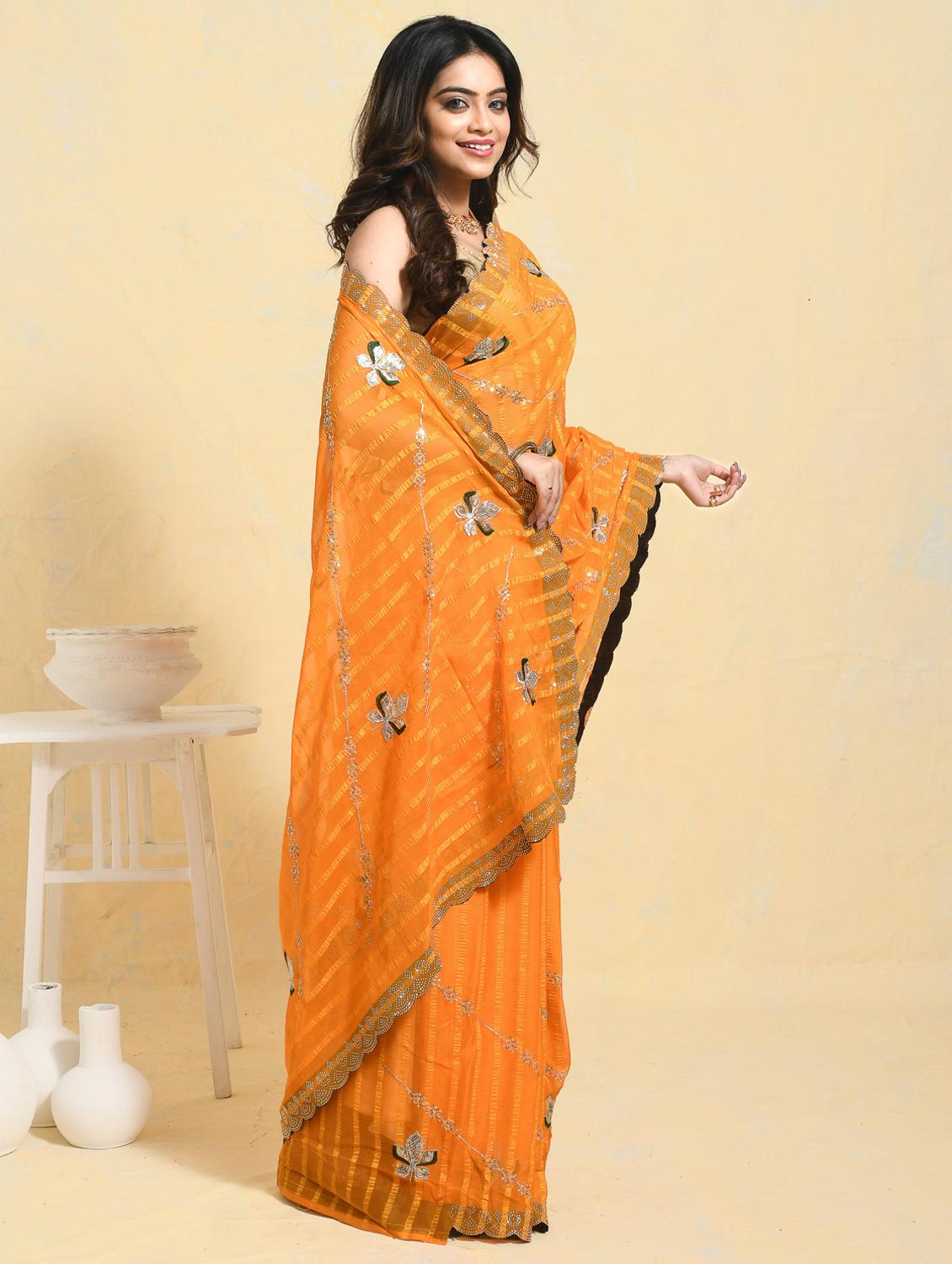 women striped embroidered saree with blouse - 21965546 - Standard Image - 2