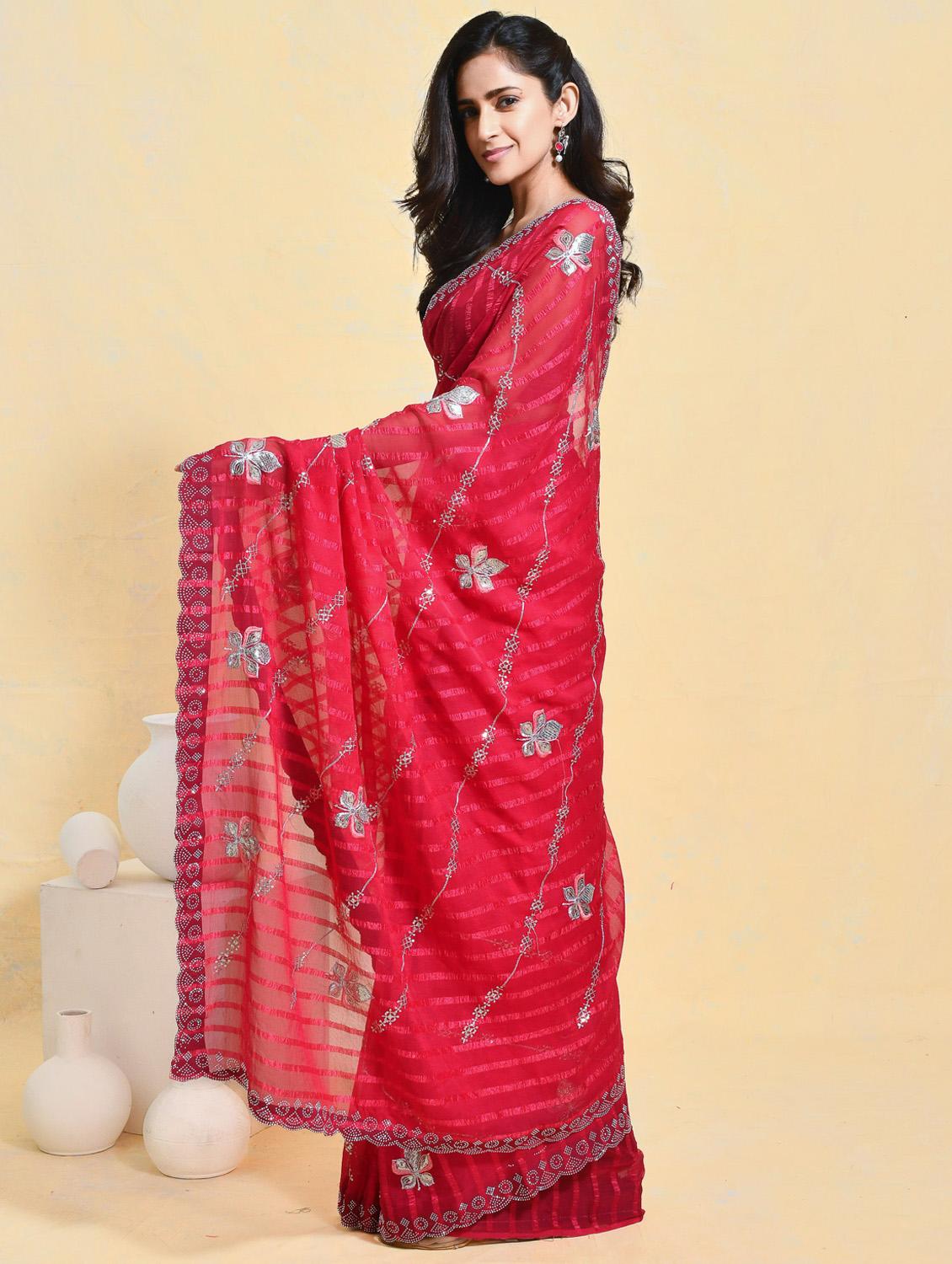 women striped embroidered saree with blouse - 21965561 - Standard Image - 2