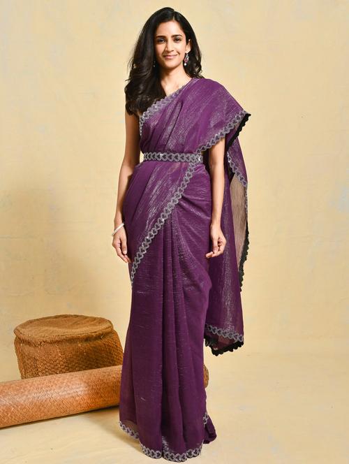 women solid with embellished bordered saree with blouse - 21965564 - Standard Image - 0