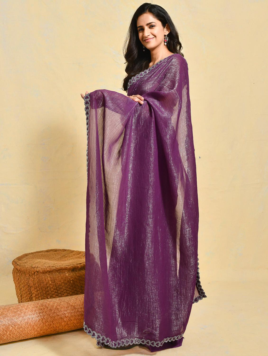 women solid with embellished bordered saree with blouse - 21965564 - Standard Image - 2
