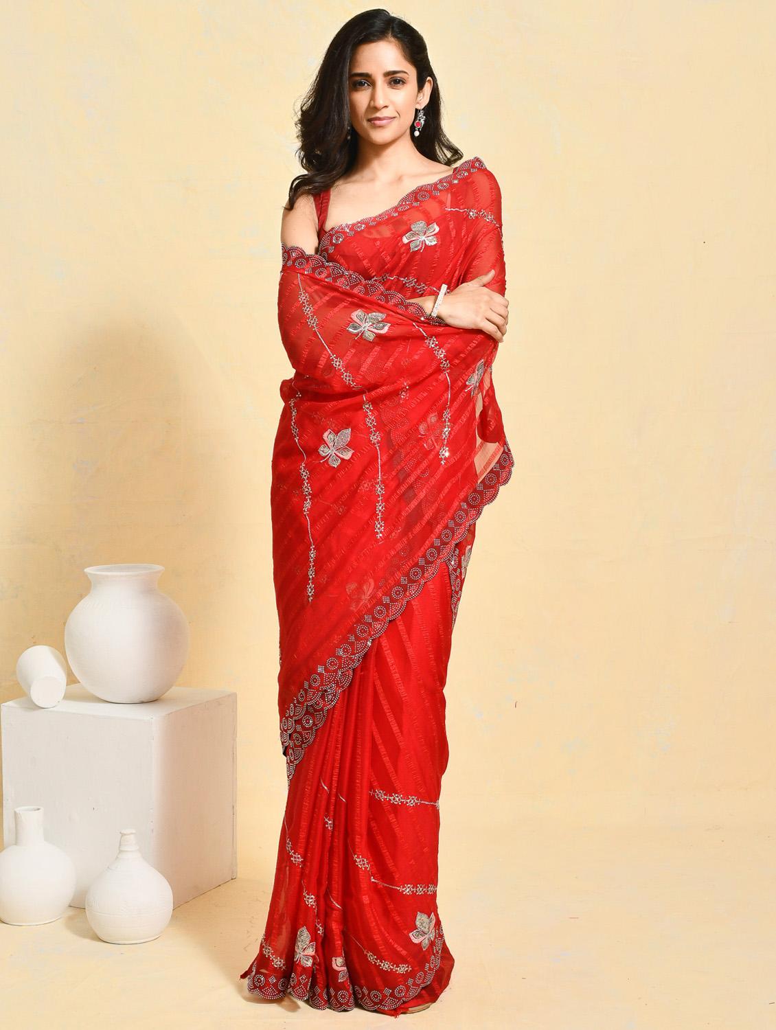 women striped embroidered saree with blouse - 21965565 - Standard Image - 2