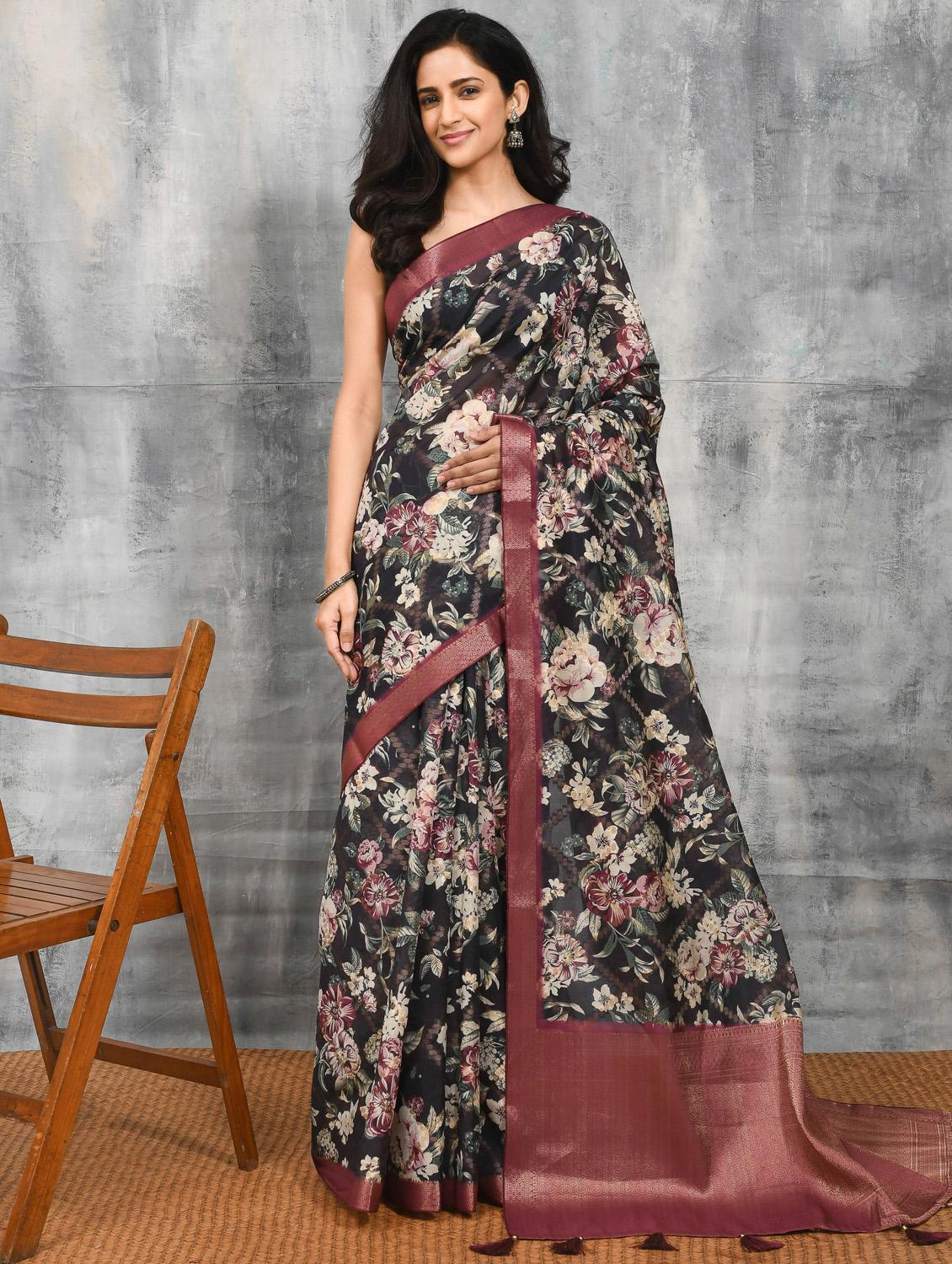women floral printed bordered saree with blouse - 21965599 - Standard Image - 2