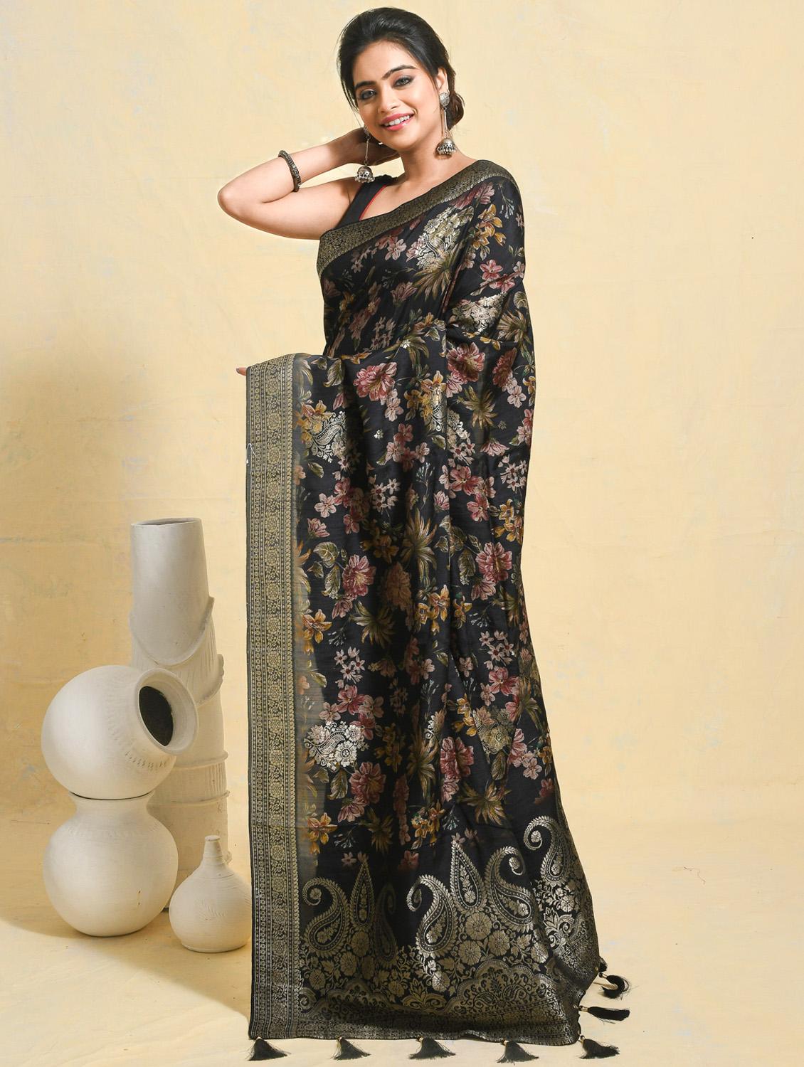 women floral printed bordered saree with blouse - 21965607 - Standard Image - 2