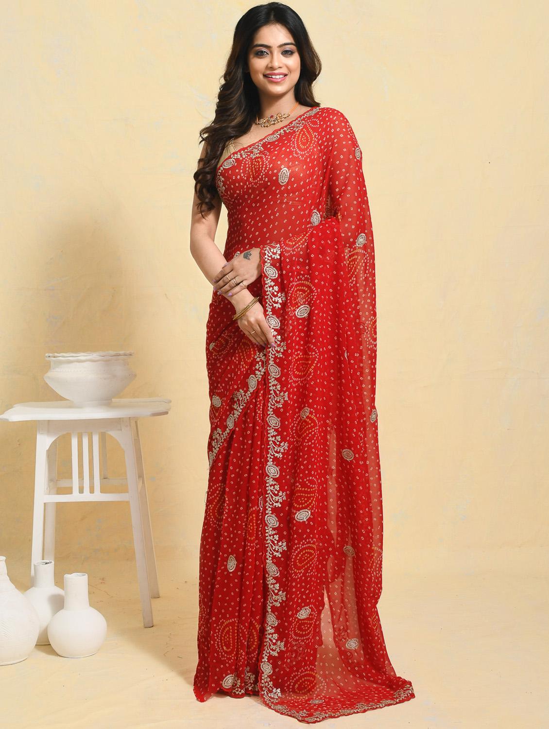 women bandhani printed embroidered saree with blouse - 21965627 - Zoom Image - 0