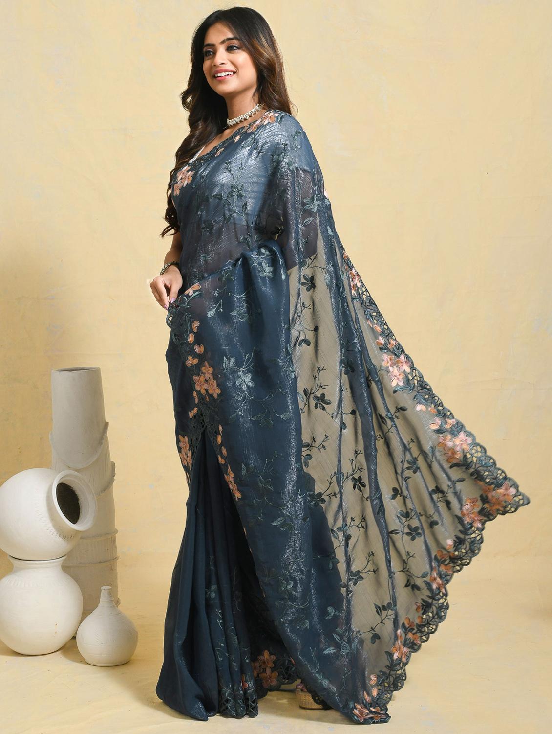 women solid with work embroidered saree with blouse - 21965630 - Standard Image - 2