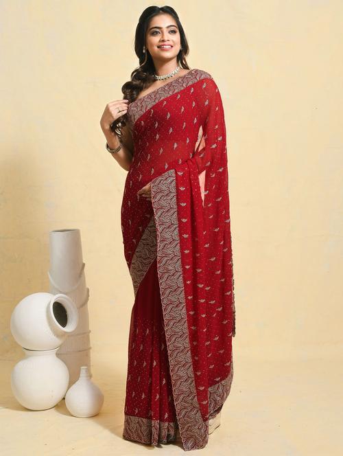 women solid with work embroidered saree with blouse - 21965638 -  Standard Image - 0