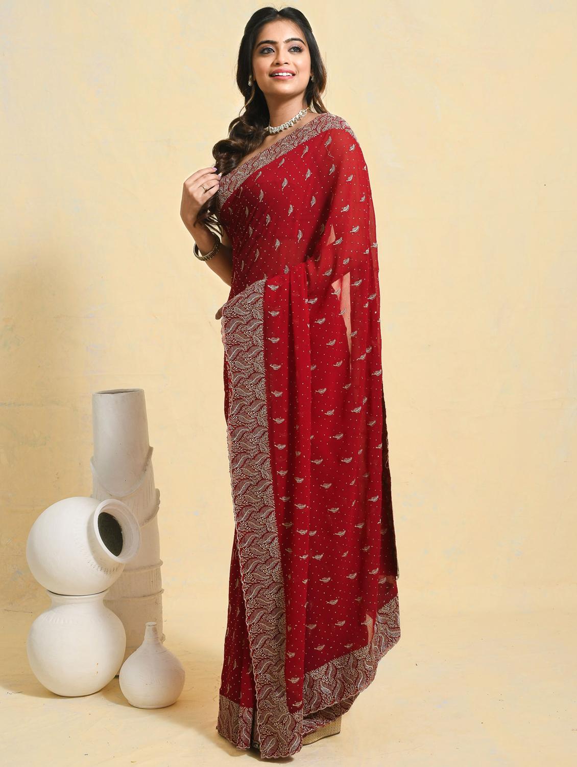 women solid with work embroidered saree with blouse - 21965638 - Standard Image - 2