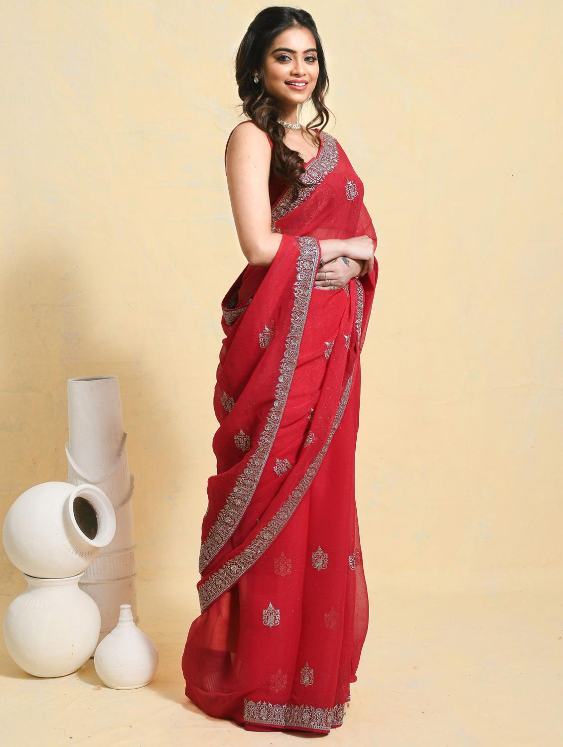 women solid with work embroidered saree with blouse - 21965640 - Standard Image - 2