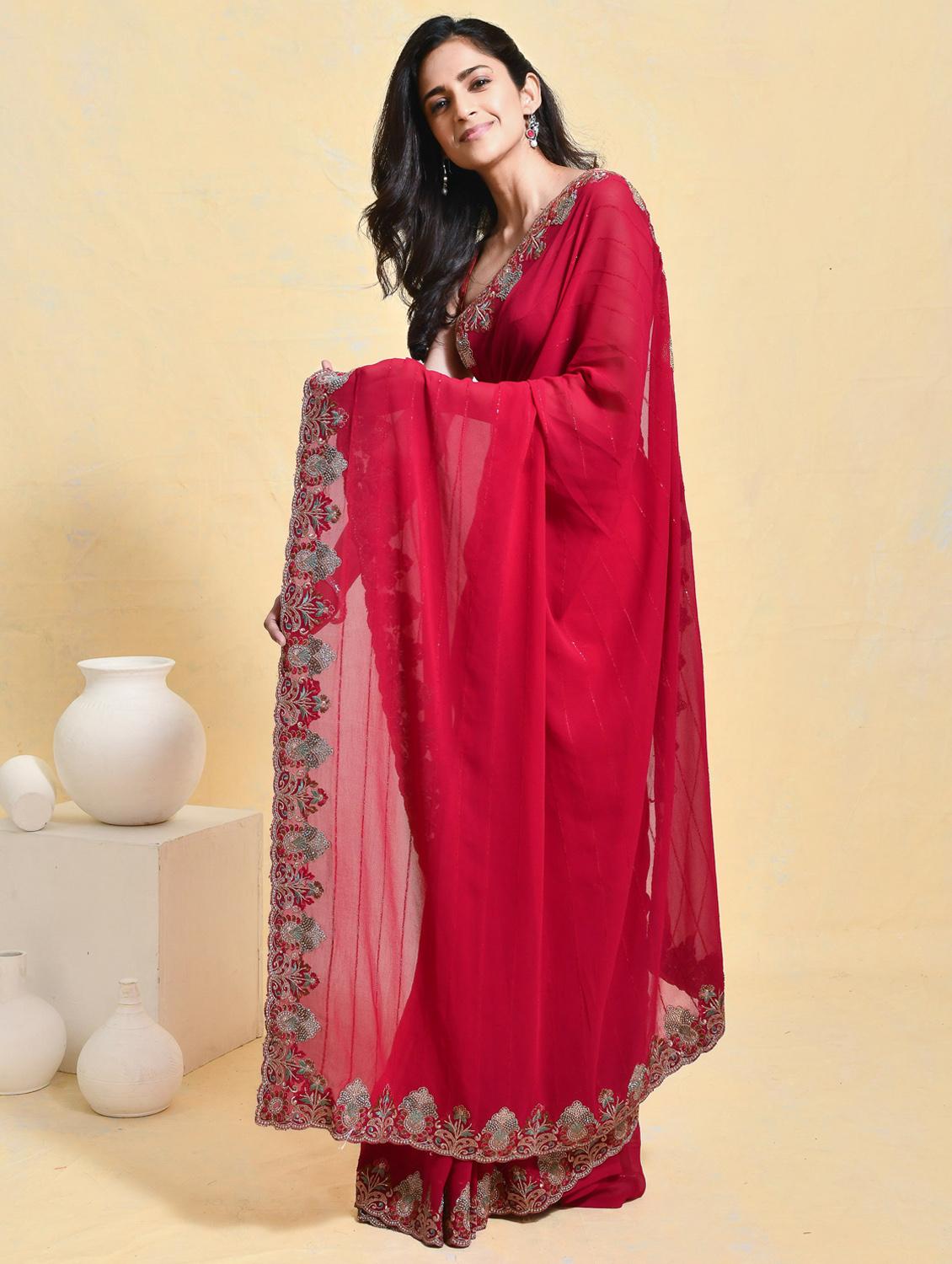 women solid with bordered saree with blouse - 21965641 - Standard Image - 2