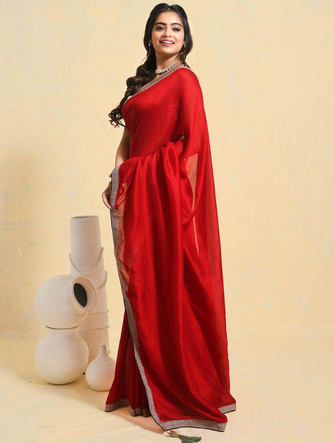 women solid with embellished bordered saree with blouse - 21965649 - Standard Image - 2