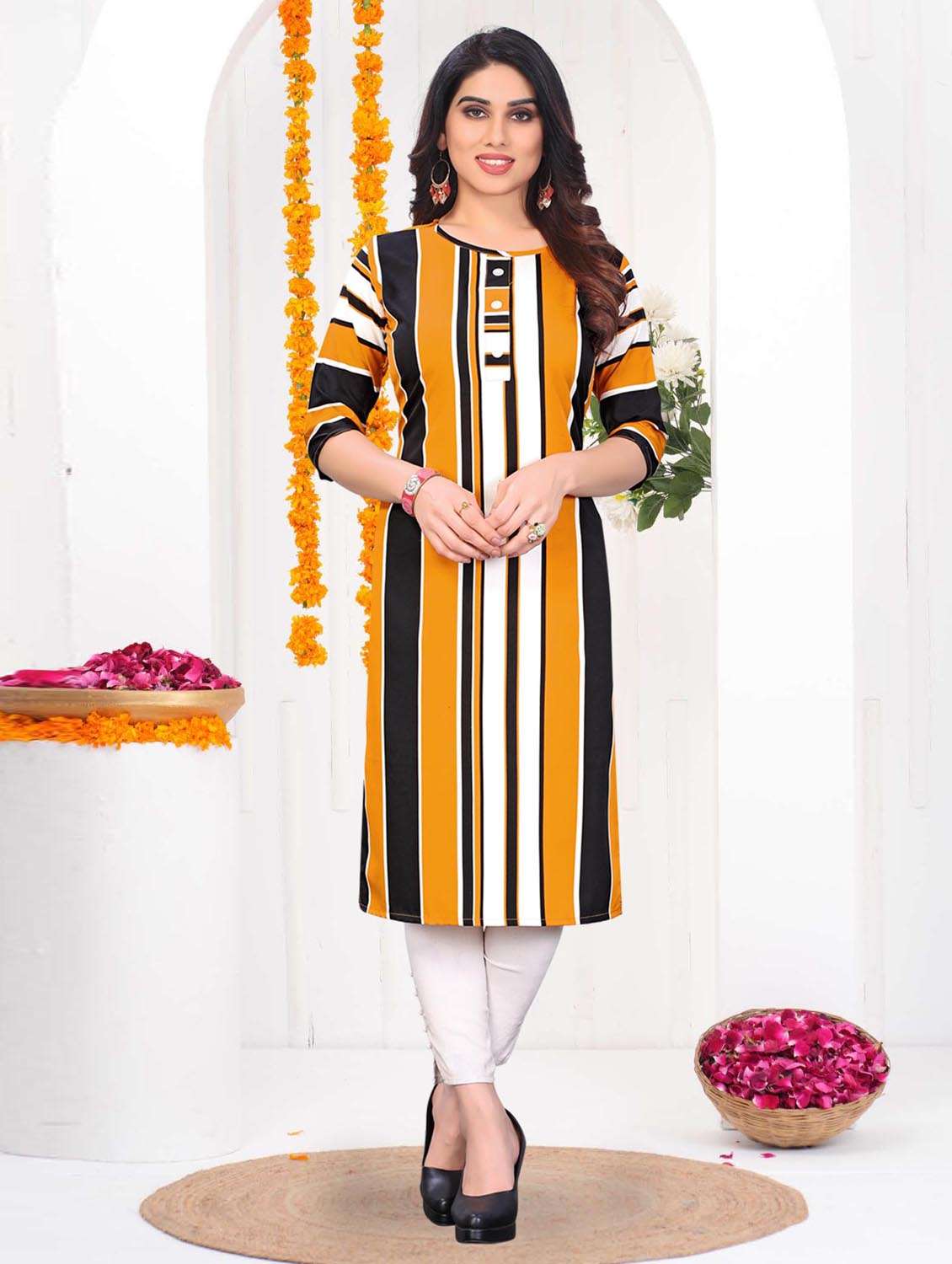 women striped three quarter sleeve straight kurta
