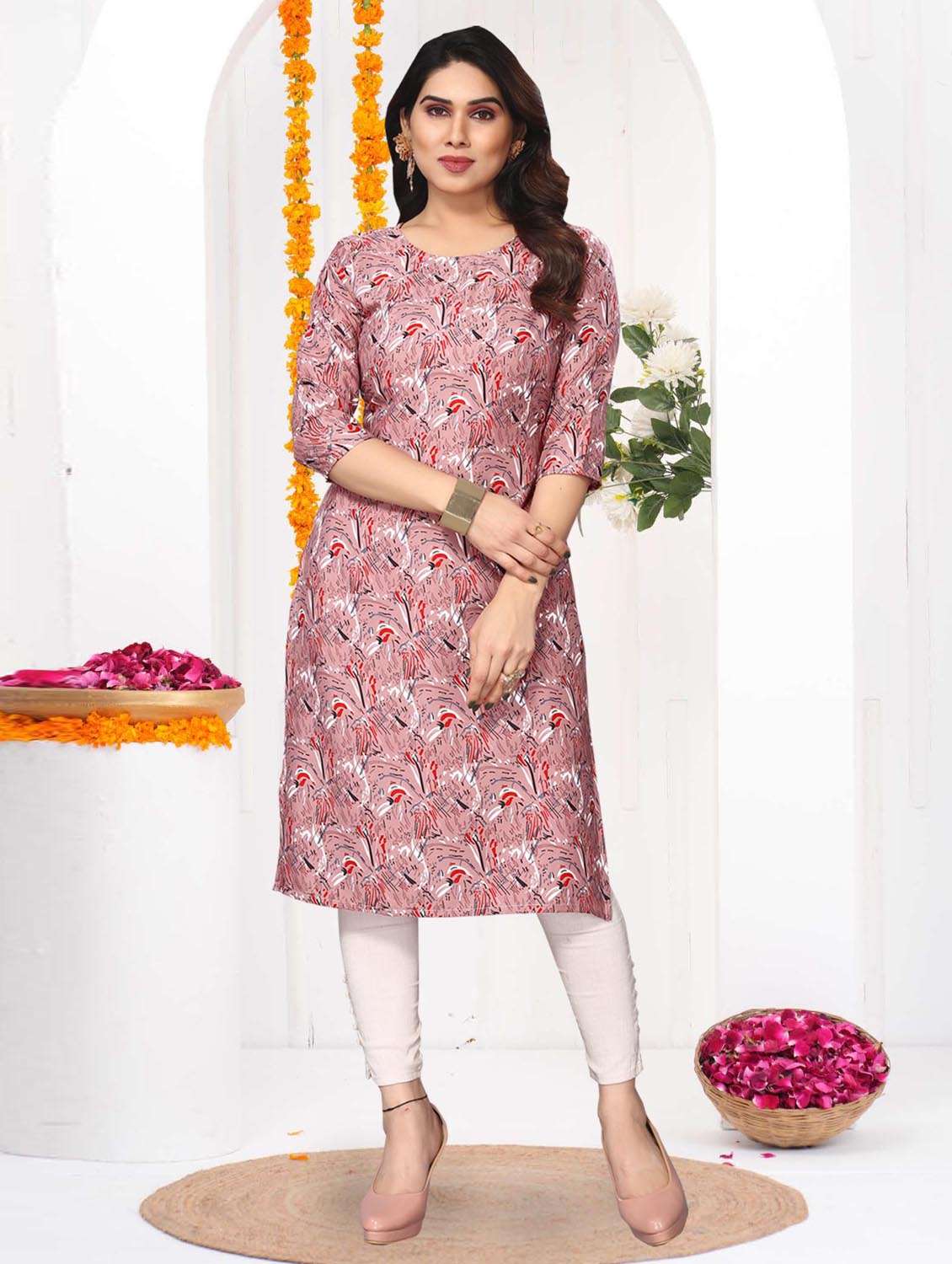 women printed three quarter sleeve straight kurta